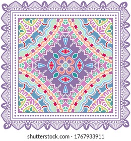 Decorative colorful ornament on white background, symmetric pattern with doodle lace frame. Tribal ethnic mandala decor. Bandana shawl, hijab, tablecloth fabric print, silk neck scarf, kerchief design