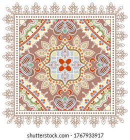 Decorative colorful ornament on white background, symmetric pattern with doodle lace frame. Tribal ethnic mandala decor. Bandana shawl, hijab, tablecloth fabric print, silk neck scarf, kerchief design