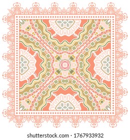 Decorative colorful ornament on white background, symmetric pattern with doodle lace frame. Tribal ethnic mandala decor. Bandana shawl, hijab, tablecloth fabric print, silk neck scarf, kerchief design