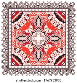 Decorative colorful ornament on white background, symmetric pattern with doodle lace frame. Tribal ethnic mandala decor. Bandana shawl, hijab, tablecloth fabric print, silk neck scarf, kerchief design