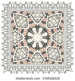 Decorative colorful ornament on white background, symmetric pattern with doodle lace frame. Tribal ethnic mandala decor. Bandana shawl, hijab, tablecloth fabric print, silk neck scarf, kerchief design