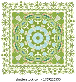 Decorative colorful ornament on white background, symmetric pattern with doodle lace frame. Tribal ethnic mandala decor. Bandana shawl, hijab, tablecloth fabric print, silk neck scarf, kerchief design