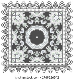 Decorative colorful ornament on white background, symmetric pattern with doodle lace frame. Tribal ethnic mandala decor. Bandana shawl, hijab, tablecloth fabric print, silk neck scarf, kerchief design