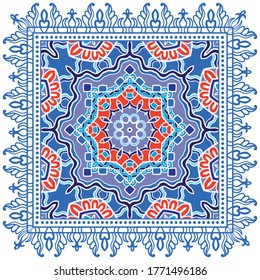 Decorative colorful ornament on white background, symmetric pattern with doodle lace frame. Tribal ethnic mandala decor. Bandana shawl, hijab, tablecloth fabric print, silk neck scarf, kerchief design
