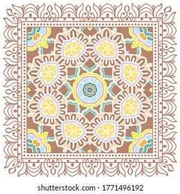 Decorative colorful ornament on white background, symmetric pattern with doodle lace frame. Tribal ethnic mandala decor. Bandana shawl, hijab, tablecloth fabric print, silk neck scarf, kerchief design