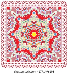 Decorative colorful ornament on white background, symmetric pattern with doodle lace frame. Tribal ethnic mandala decor. Bandana shawl, hijab, tablecloth fabric print, silk neck scarf, kerchief design
