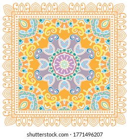 Decorative colorful ornament on white background, symmetric pattern with doodle lace frame. Tribal ethnic mandala decor. Bandana shawl, hijab, tablecloth fabric print, silk neck scarf, kerchief design