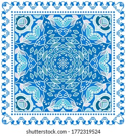 Decorative colorful ornament on white background, symmetric pattern with doodle lace frame. Tribal ethnic mandala decor. Bandana shawl, hijab, tablecloth fabric print, silk neck scarf, kerchief design