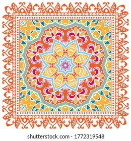 Decorative colorful ornament on white background, symmetric pattern with doodle lace frame. Tribal ethnic mandala decor. Bandana shawl, hijab, tablecloth fabric print, silk neck scarf, kerchief design