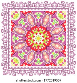 Decorative colorful ornament on white background, symmetric pattern with doodle lace frame. Tribal ethnic mandala decor. Bandana shawl, hijab, tablecloth fabric print, silk neck scarf, kerchief design