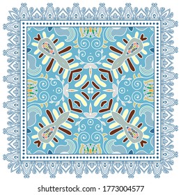 Decorative colorful ornament on white background, symmetric pattern with doodle lace frame. Tribal ethnic mandala decor. Bandana shawl, hijab, tablecloth fabric print, silk neck scarf, kerchief design