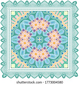 Decorative colorful ornament on white background, symmetric pattern with doodle lace frame. Tribal ethnic mandala decor. Bandana shawl, hijab, tablecloth fabric print, silk neck scarf, kerchief design
