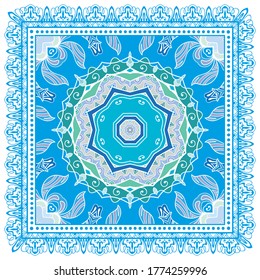Decorative colorful ornament on white background, symmetric pattern with doodle lace frame. Tribal ethnic mandala decor. Bandana shawl, hijab, tablecloth fabric print, silk neck scarf, kerchief design
