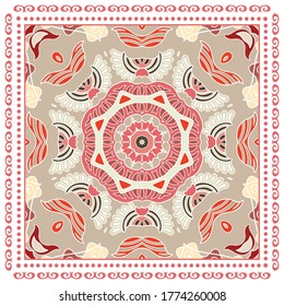 Decorative colorful ornament on white background, symmetric pattern with doodle lace frame. Tribal ethnic mandala decor. Bandana shawl, hijab, tablecloth fabric print, silk neck scarf, kerchief design
