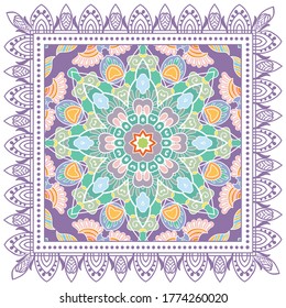 Decorative colorful ornament on white background, symmetric pattern with doodle lace frame. Tribal ethnic mandala decor. Bandana shawl, hijab, tablecloth fabric print, silk neck scarf, kerchief design