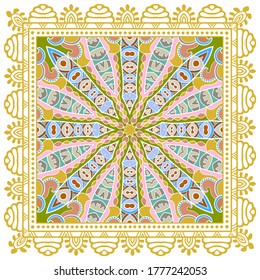 Decorative colorful ornament on white background, symmetric pattern with doodle lace frame. Tribal ethnic mandala decor. Bandana shawl, hijab, tablecloth fabric print, silk neck scarf, kerchief design