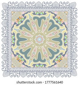 Decorative colorful ornament on white background, symmetric pattern with doodle lace frame. Tribal ethnic mandala decor. Bandana shawl, hijab, tablecloth fabric print, silk neck scarf, kerchief design