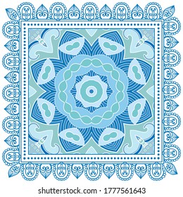 Decorative colorful ornament on white background, symmetric pattern with doodle lace frame. Tribal ethnic mandala decor. Bandana shawl, hijab, tablecloth fabric print, silk neck scarf, kerchief design
