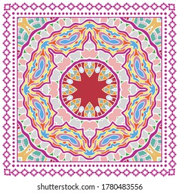 Decorative colorful ornament on white background, symmetric pattern with doodle lace frame. Tribal ethnic mandala decor. Bandana shawl, hijab, tablecloth fabric print, silk neck scarf, kerchief design