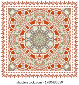 Decorative colorful ornament on white background, symmetric pattern with doodle lace frame. Tribal ethnic mandala decor. Bandana shawl, hijab, tablecloth fabric print, silk neck scarf, kerchief design