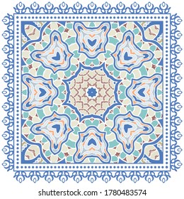 Decorative colorful ornament on white background, symmetric pattern with doodle lace frame. Tribal ethnic mandala decor. Bandana shawl, hijab, tablecloth fabric print, silk neck scarf, kerchief design