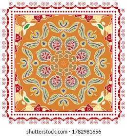 Decorative colorful ornament on white background, symmetric pattern with doodle lace frame. Tribal ethnic mandala decor. Bandana shawl, hijab, tablecloth fabric print, silk neck scarf, kerchief design