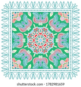 Decorative colorful ornament on white background, symmetric pattern with doodle lace frame. Tribal ethnic mandala decor. Bandana shawl, hijab, tablecloth fabric print, silk neck scarf, kerchief design
