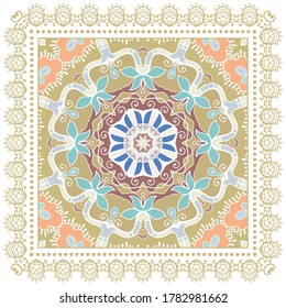 Decorative colorful ornament on white background, symmetric pattern with doodle lace frame. Tribal ethnic mandala decor. Bandana shawl, hijab, tablecloth fabric print, silk neck scarf, kerchief design