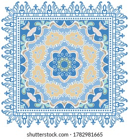 Decorative colorful ornament on white background, symmetric pattern with doodle lace frame. Tribal ethnic mandala decor. Bandana shawl, hijab, tablecloth fabric print, silk neck scarf, kerchief design