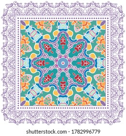 Decorative colorful ornament on white background, symmetric pattern with doodle lace frame. Tribal ethnic mandala decor. Bandana shawl, hijab, tablecloth fabric print, silk neck scarf, kerchief design