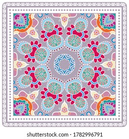 Decorative colorful ornament on white background, symmetric pattern with doodle lace frame. Tribal ethnic mandala decor. Bandana shawl, hijab, tablecloth fabric print, silk neck scarf, kerchief design