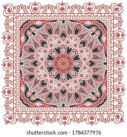 Decorative colorful ornament on white background, symmetric pattern with doodle lace frame. Tribal ethnic mandala decor. Bandana shawl, hijab, tablecloth fabric print, silk neck scarf, kerchief design