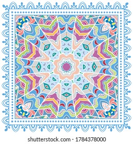 Decorative colorful ornament on white background, symmetric pattern with doodle lace frame. Tribal ethnic mandala decor. Bandana shawl, hijab, tablecloth fabric print, silk neck scarf, kerchief design