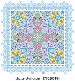 Decorative colorful ornament on white background, symmetric pattern with doodle lace frame. Tribal ethnic mandala decor. Bandana shawl, hijab, tablecloth fabric print, silk neck scarf, kerchief design