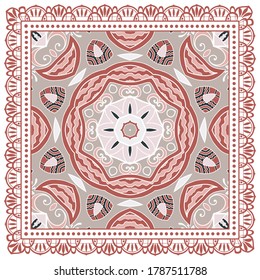 Decorative colorful ornament on white background, symmetric pattern with doodle lace frame. Tribal ethnic mandala decor. Bandana shawl, hijab, tablecloth fabric print, silk neck scarf, kerchief design