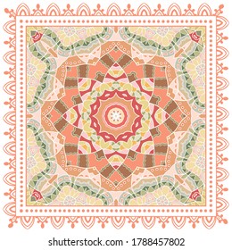 Decorative colorful ornament on white background, symmetric pattern with doodle lace frame. Tribal ethnic mandala decor. Bandana shawl, hijab, tablecloth fabric print, silk neck scarf, kerchief design