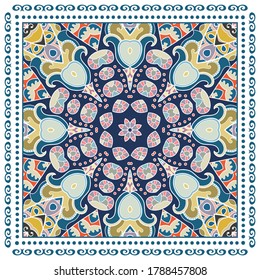 Decorative colorful ornament on white background, symmetric pattern with doodle lace frame. Tribal ethnic mandala decor. Bandana shawl, hijab, tablecloth fabric print, silk neck scarf, kerchief design