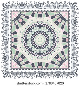 Decorative colorful ornament on white background, symmetric pattern with doodle lace frame. Tribal ethnic mandala decor. Bandana shawl, hijab, tablecloth fabric print, silk neck scarf, kerchief design