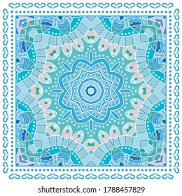 Decorative colorful ornament on white background, symmetric pattern with doodle lace frame. Tribal ethnic mandala decor. Bandana shawl, hijab, tablecloth fabric print, silk neck scarf, kerchief design