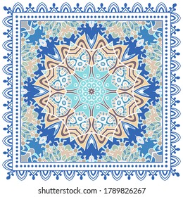 Decorative colorful ornament on white background, symmetric pattern with doodle lace frame. Tribal ethnic mandala decor. Bandana shawl, hijab, tablecloth fabric print, silk neck scarf, kerchief design