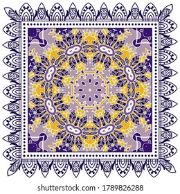 Decorative colorful ornament on white background, symmetric pattern with doodle lace frame. Tribal ethnic mandala decor. Bandana shawl, hijab, tablecloth fabric print, silk neck scarf, kerchief design