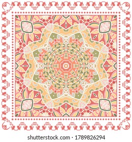 Decorative colorful ornament on white background, symmetric pattern with doodle lace frame. Tribal ethnic mandala decor. Bandana shawl, hijab, tablecloth fabric print, silk neck scarf, kerchief design