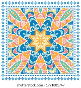 Decorative colorful ornament on white background, symmetric pattern with doodle lace frame. Tribal ethnic mandala decor. Bandana shawl, hijab, tablecloth fabric print, silk neck scarf, kerchief design