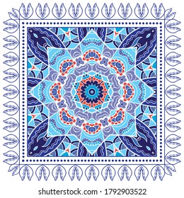 Decorative colorful ornament on white background, symmetric pattern with doodle lace frame. Tribal ethnic mandala decor. Bandana shawl, hijab, tablecloth fabric print, silk neck scarf, kerchief design