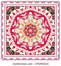 Decorative colorful ornament on white background, symmetric pattern with doodle lace frame. Tribal ethnic mandala decor. Bandana shawl, hijab, tablecloth fabric print, silk neck scarf, kerchief design