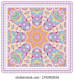 Decorative colorful ornament on white background, symmetric pattern with doodle lace frame. Tribal ethnic mandala decor. Bandana shawl, hijab, tablecloth fabric print, silk neck scarf, kerchief design