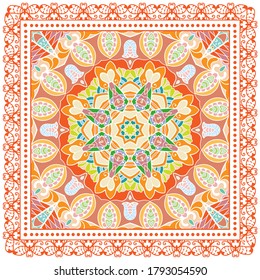 Decorative colorful ornament on white background, symmetric pattern with doodle lace frame. Tribal ethnic mandala decor. Bandana shawl, hijab, tablecloth fabric print, silk neck scarf, kerchief design