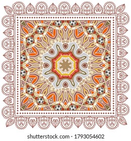Decorative colorful ornament on white background, symmetric pattern with doodle lace frame. Tribal ethnic mandala decor. Bandana shawl, hijab, tablecloth fabric print, silk neck scarf, kerchief design