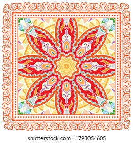 Decorative colorful ornament on white background, symmetric pattern with doodle lace frame. Tribal ethnic mandala decor. Bandana shawl, hijab, tablecloth fabric print, silk neck scarf, kerchief design