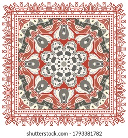 Decorative colorful ornament on white background, symmetric pattern with doodle lace frame. Tribal ethnic mandala decor. Bandana shawl, hijab, tablecloth fabric print, silk neck scarf, kerchief design